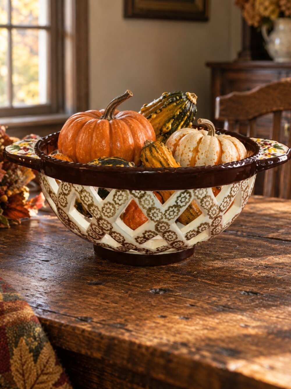 Temptations Lattice Work Basket Ceramic Bowl Brown Orange Kitchen Bakeware Decor